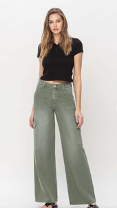 Olivia - High Rise Utility Cargo Wide Leg Jean - Army Green