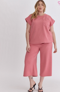 Textured Wide Leg Pants - Coral Pink - Regular & Plus Sizes