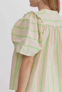 Lime - Striped Short Sleeve V Neck Top