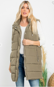 Hand Stuffed Silky Polyfill Puffer Vest - Olive