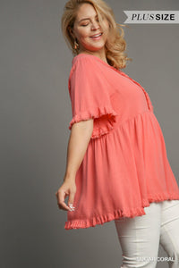 Linen Split Neck Top - Plus Size