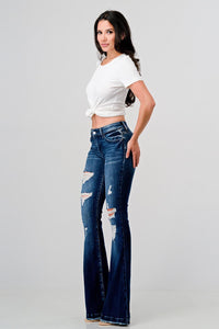 PETITE Distressed Mid Rise Stretch Flare Jeans