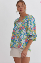 Load image into Gallery viewer, Floral Print V Neck Top - Blue - ONLY 1 LEFT! SIZE M