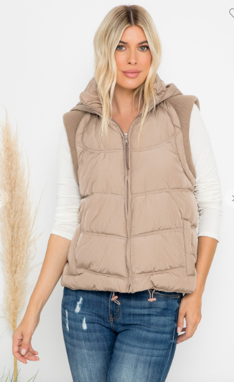 Sweater Rib Detail Nylon Hooded Puffer Vest - ONLY SIZES REMAINING: M –  Angie Brooke Boutique