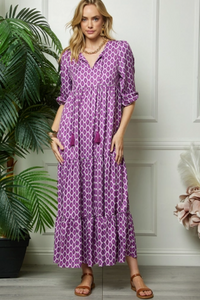 Purple Print Puff Sleeve Maxi Dress