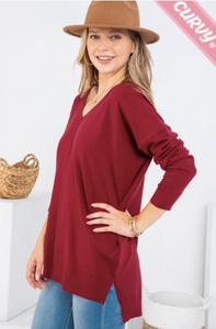 Burgundy - Cozy V Neck Sweater - Plus Size