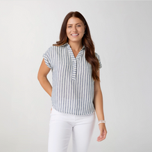 Load image into Gallery viewer, Reagan Cap Sleeve Striped Collared Top - Dusty Blue &amp; White