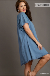 Denim Blue Cotton Gauze Dress - Plus Size