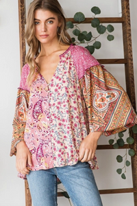 Pink - Button Front Mixed Print Top