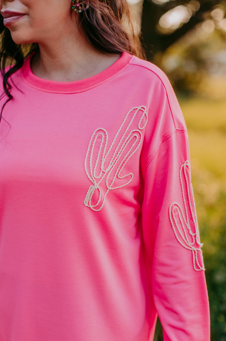 Pink - Cactus Rope Embroidered Sweatshirt - Regular & Plus Sizes