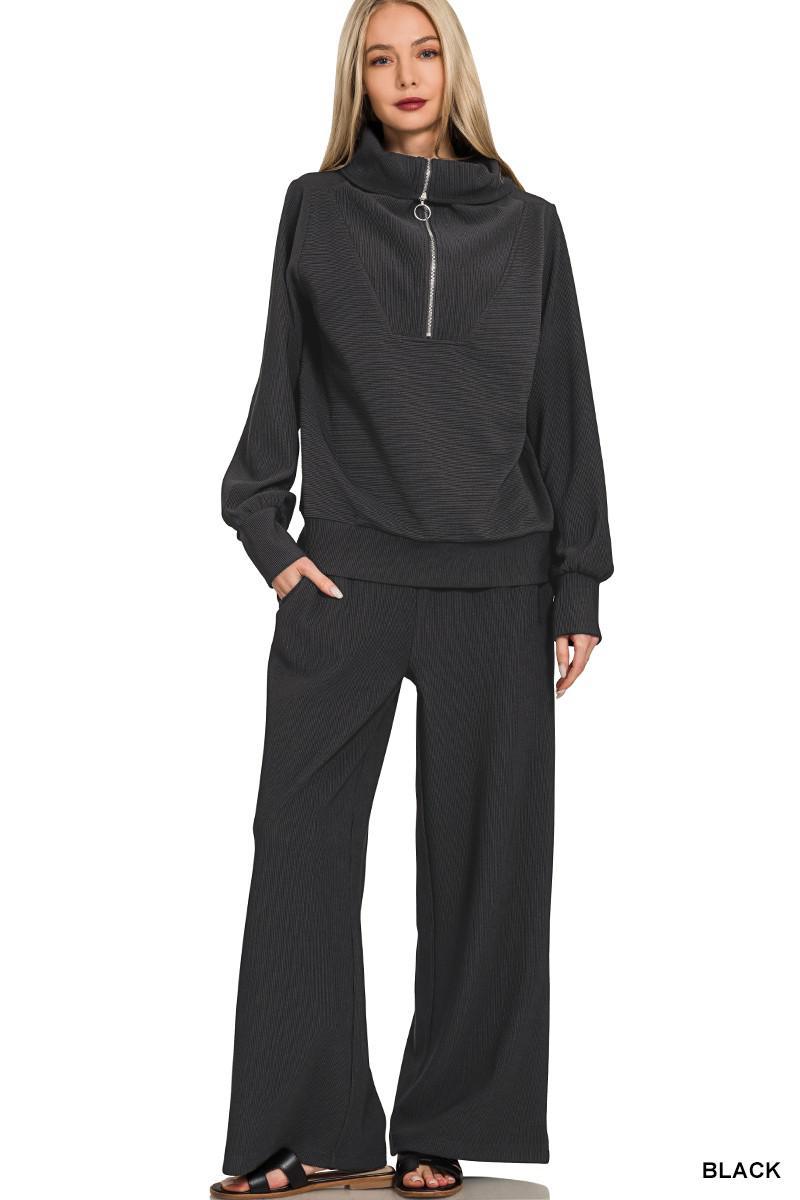 Ribbed High Neck Half Zip Pullover & Pants Set - Black