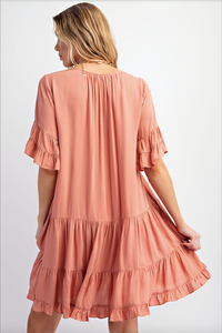Antique Rose - Double Ruffle Sleeves Soft Linen Dress - Plus Size