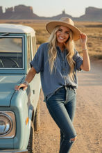 Load image into Gallery viewer, Frayed Trim Denim Button Top
