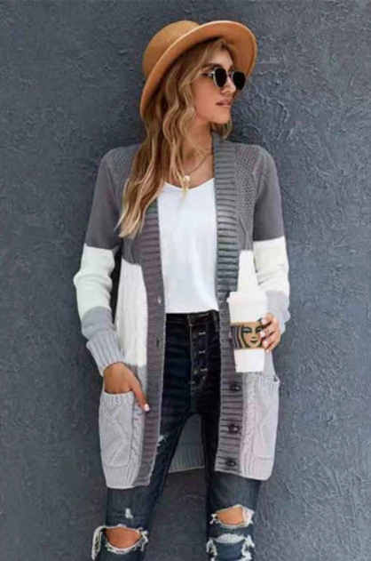 Cable Knit Color Block Button Cardigan - Gray