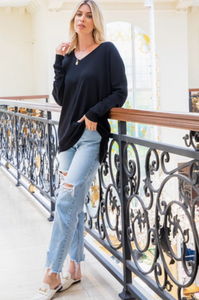 Black - V Neck Knit Top - Regular & Plus Sizes