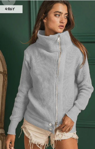 Front Zip Sweater Jacket - Grey