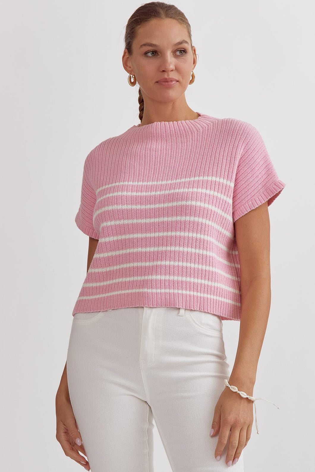 Mock Neck Striped Top - Pink