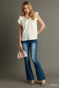 Cream - Textured Jacquard V Neck Top