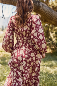 Floral Printed Maxi Dress - Burgundy Multi - Plus Size