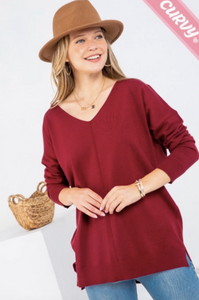 Burgundy - Cozy V Neck Sweater - Plus Size