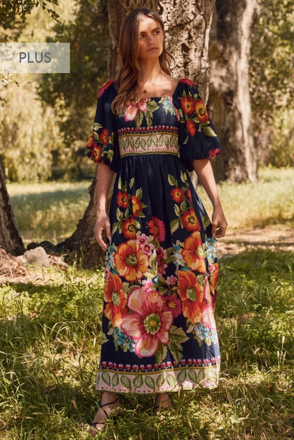 Floral Border Printed Maxi Dress - Navy Multi - Plus Size