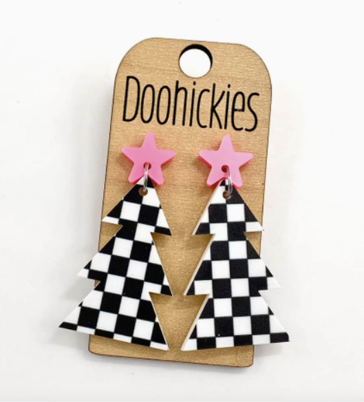 Black & White Checkered Layered Tree with Metallic Pink Star Earrings