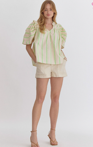 Lime - Striped Short Sleeve V Neck Top