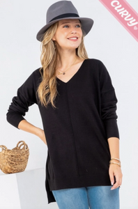 Black - Cozy V Neck Sweater - Plus Size