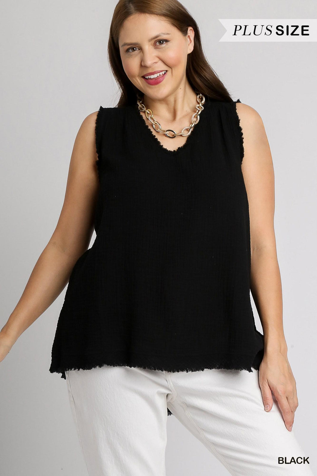 Black Sleeveless V Neck Frayed Top - Plus Size