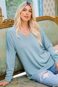 Misty Blue - V Neck Knit Top - Regular & Plus Sizes