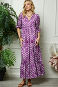 Purple Print Puff Sleeve Maxi Dress