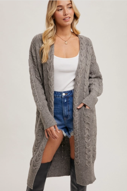 Ash Grey - Cable Knit Sweater Long Line Cardigan