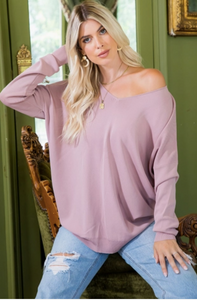 Dusty Mauve - V Neck Knit Top - Regular & Plus Sizes