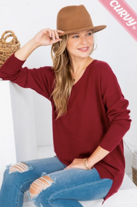 Burgundy - Cozy V Neck Sweater - Plus Size