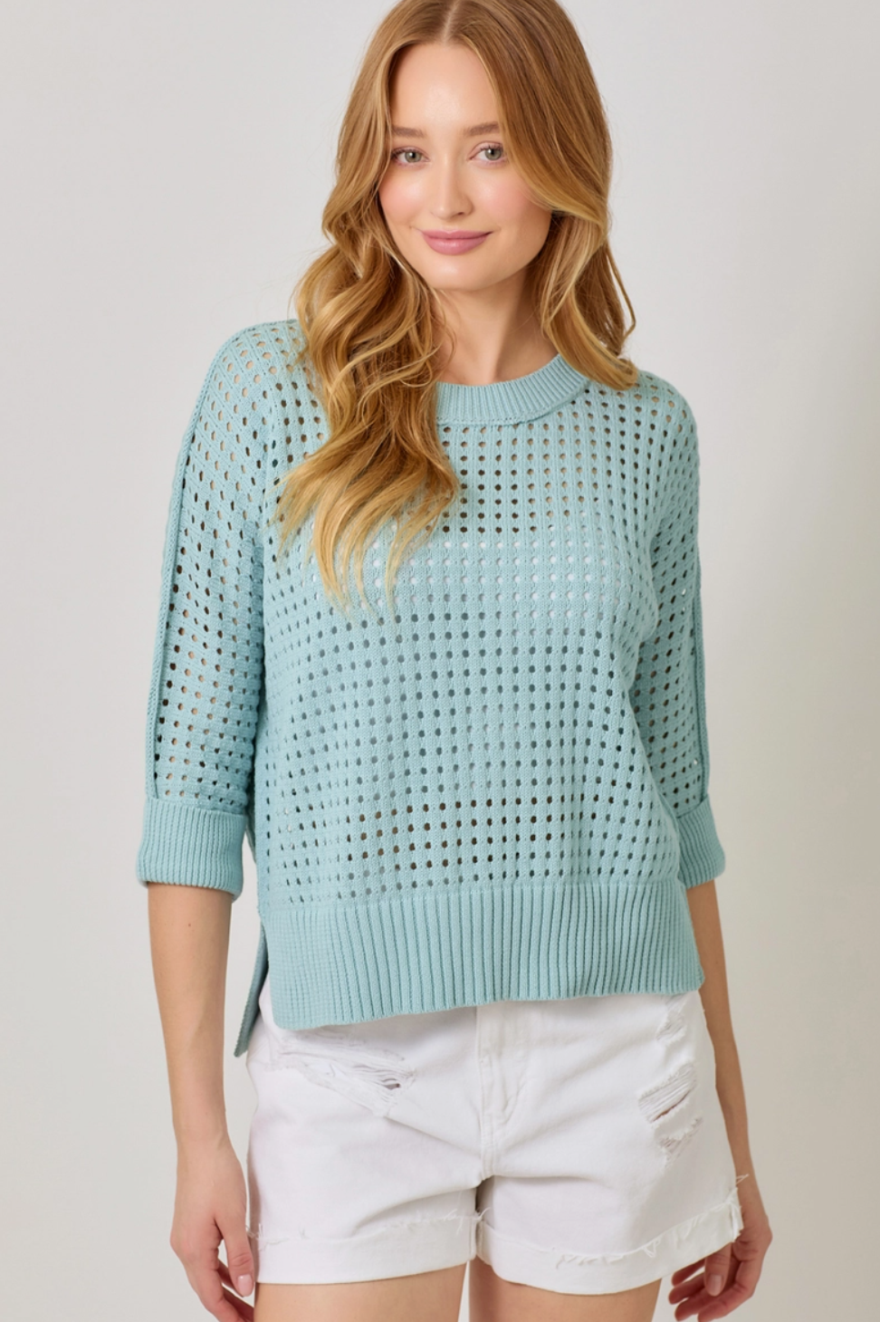 Powder Blue - Open Stitch High Low Sweater