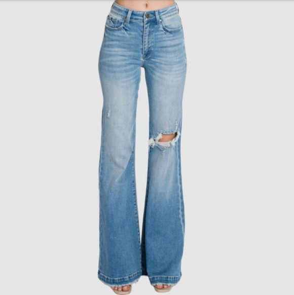 PETITE Distressed Super High Rise 70's Inspired Flare Jeans