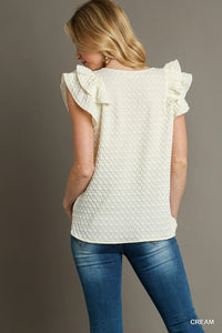 Cream - Textured Jacquard V Neck Top