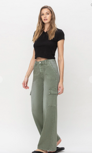 Olivia - High Rise Utility Cargo Wide Leg Jean - Army Green