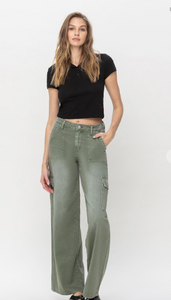 Olivia - High Rise Utility Cargo Wide Leg Jean - Army Green