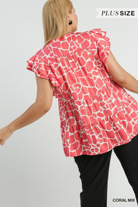 Coral Mix - Two Tone Animal Print Top - Plus Size