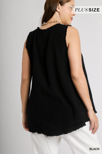 Black Sleeveless V Neck Frayed Top - Plus Size