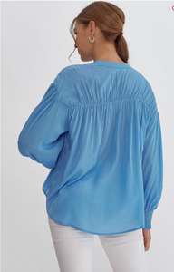 V Neck Button Up Top - French Blue