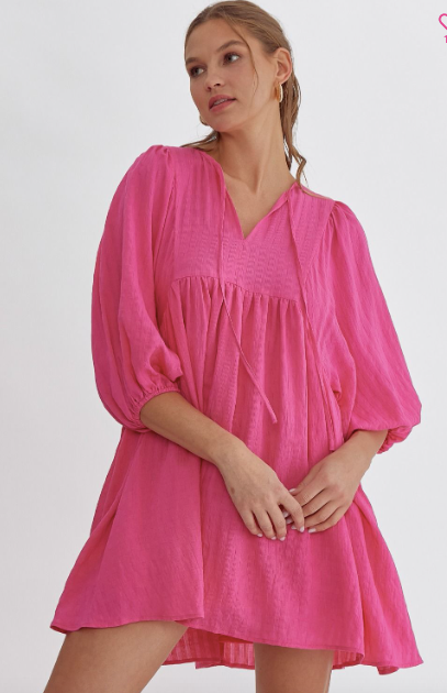 Textured V Neck Dress - Hot Pink - ONLY 1 Left!  Size L