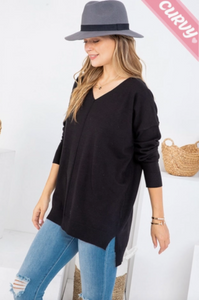 Black - Cozy V Neck Sweater - Plus Size