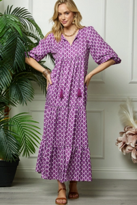 Purple Print Puff Sleeve Maxi Dress