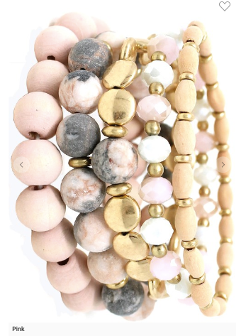 Pink Gemstone Glass Crystal Metal Wooden Bead Bracelet