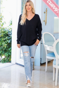 Black - Cozy V Neck Sweater - Plus Size