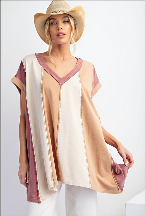 Color Block Mineral Washed Cotton Knit Tunic