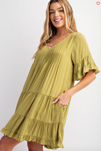 Green Tea - Double Ruffle Sleeves Soft Linen Dress - Plus Size