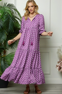 Purple Print Puff Sleeve Maxi Dress